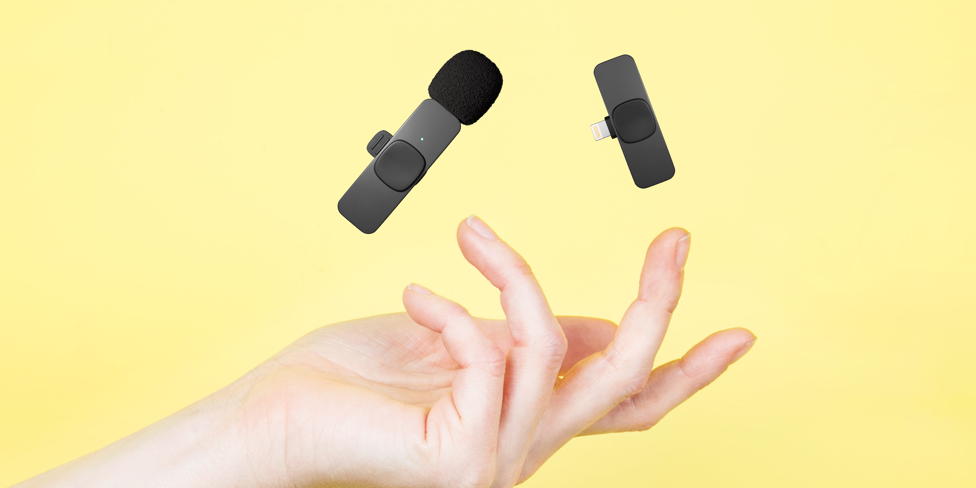 Yellow background hands catching Magic Pop Microphone and adapter iOS lightning version.