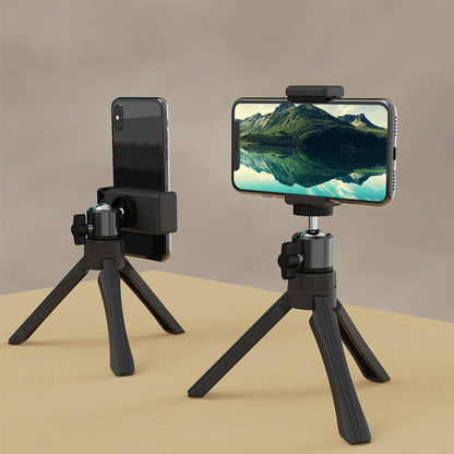 Showing two angles of the Magic Pop Tripod holding an Apple iPhone.