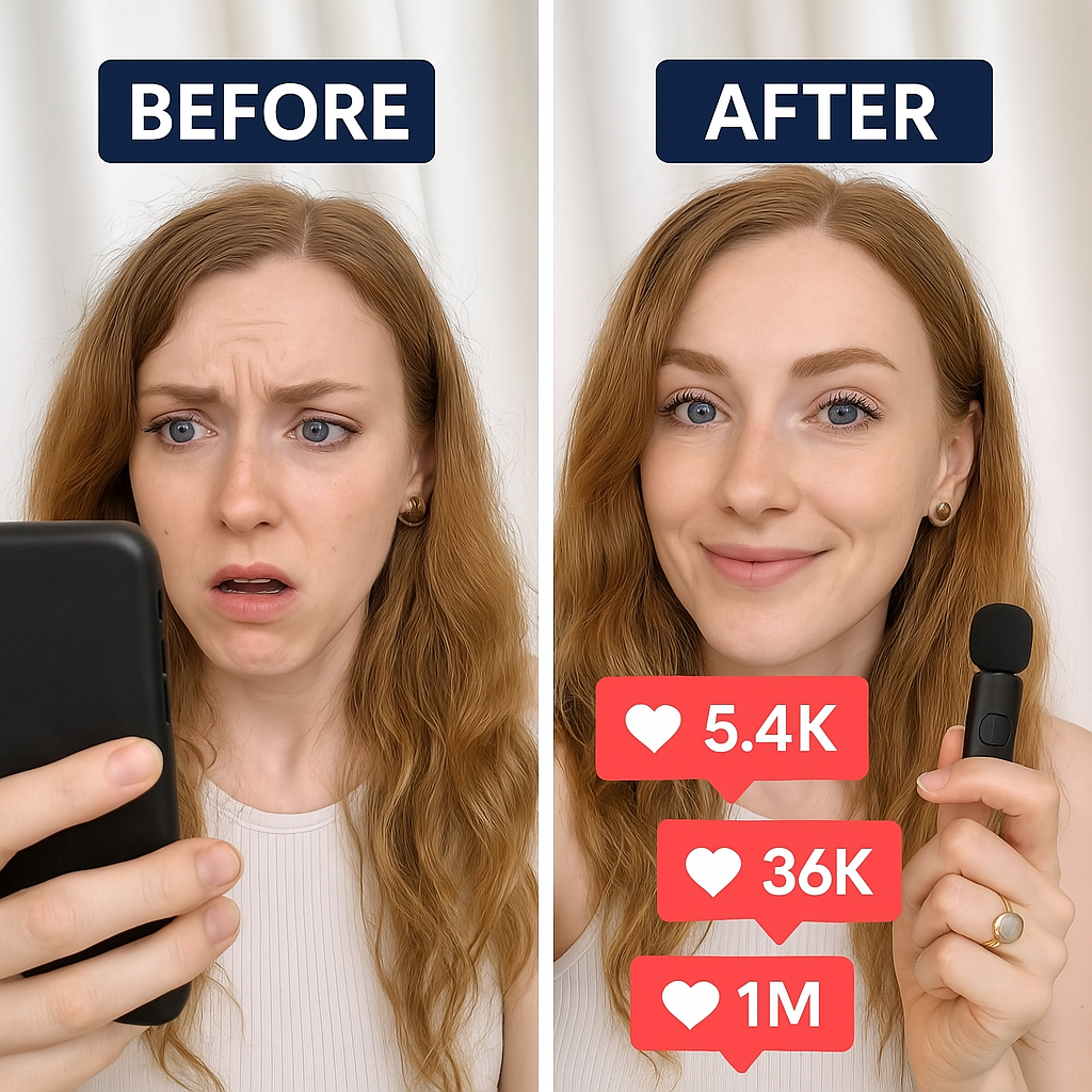 Two images of a woman, before and after, with social media likes displayed.