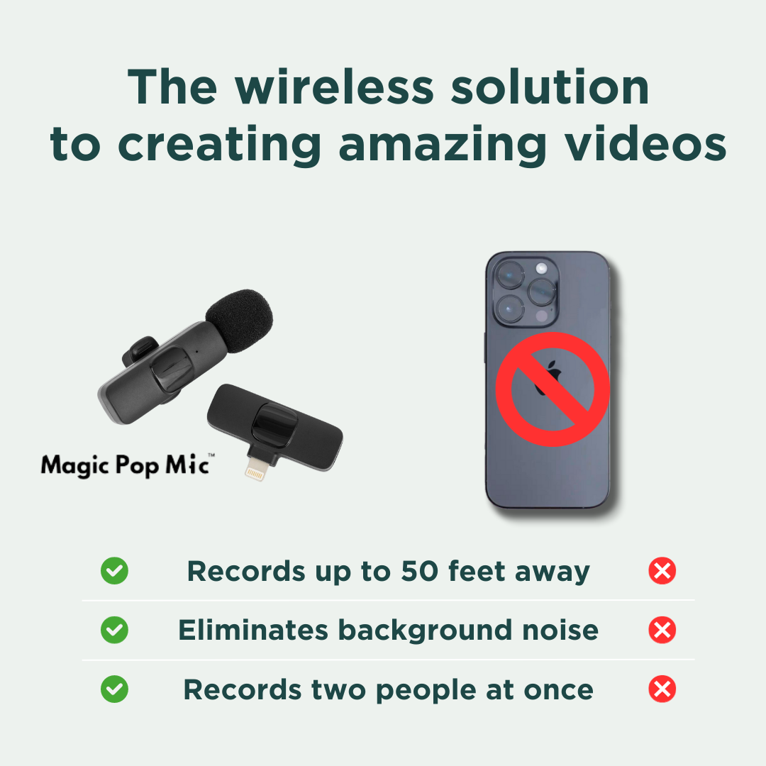 Image of a wireless microphone and phone with text about video recording features.
